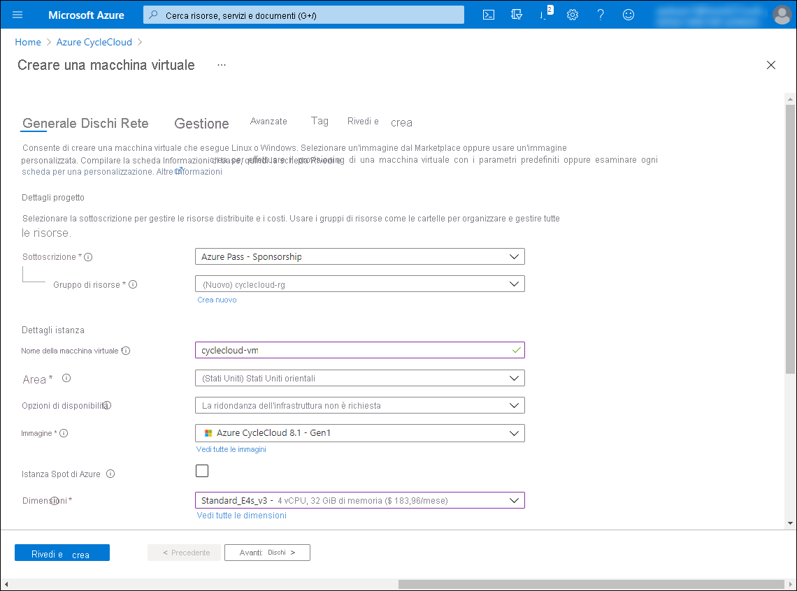 Screenshot che mostra la sezione superiore della scheda Informazioni di base della sezione Creare una macchina virtuale nel portale di Azure.