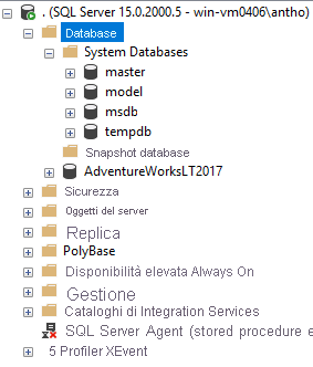 Screenshot of what a SQL Server 2019 deployment looks like in SSMS.