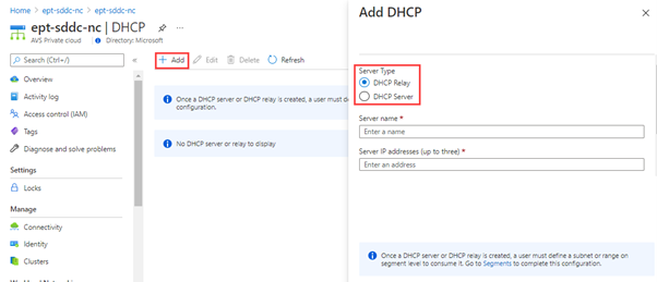 Screenshot of the Azure portal showing how to add either a DHCP server or a DHCP relay into the AVS private cloud.