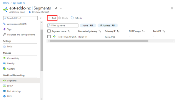 Screenshot of the Azure portal showing how to add an NSX-T Manager network segment.