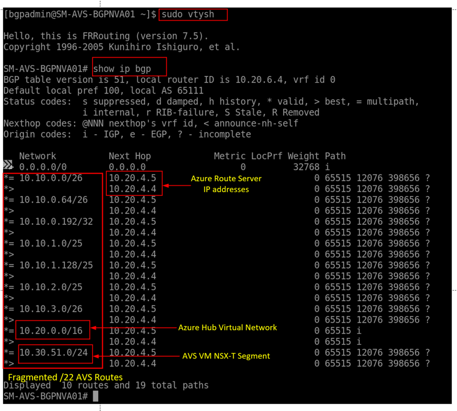 Screenshot dell'esecuzione del comando sulla macchina virtuale dell'appliance virtuale di rete. L'immagine mostra il Server di route Azure come next hop per la rete AVS.
