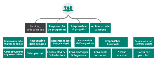 Diagramma che raffigura l'Architetto di soluzioni come uno dei membri principali del team di progetto nel suo complesso.