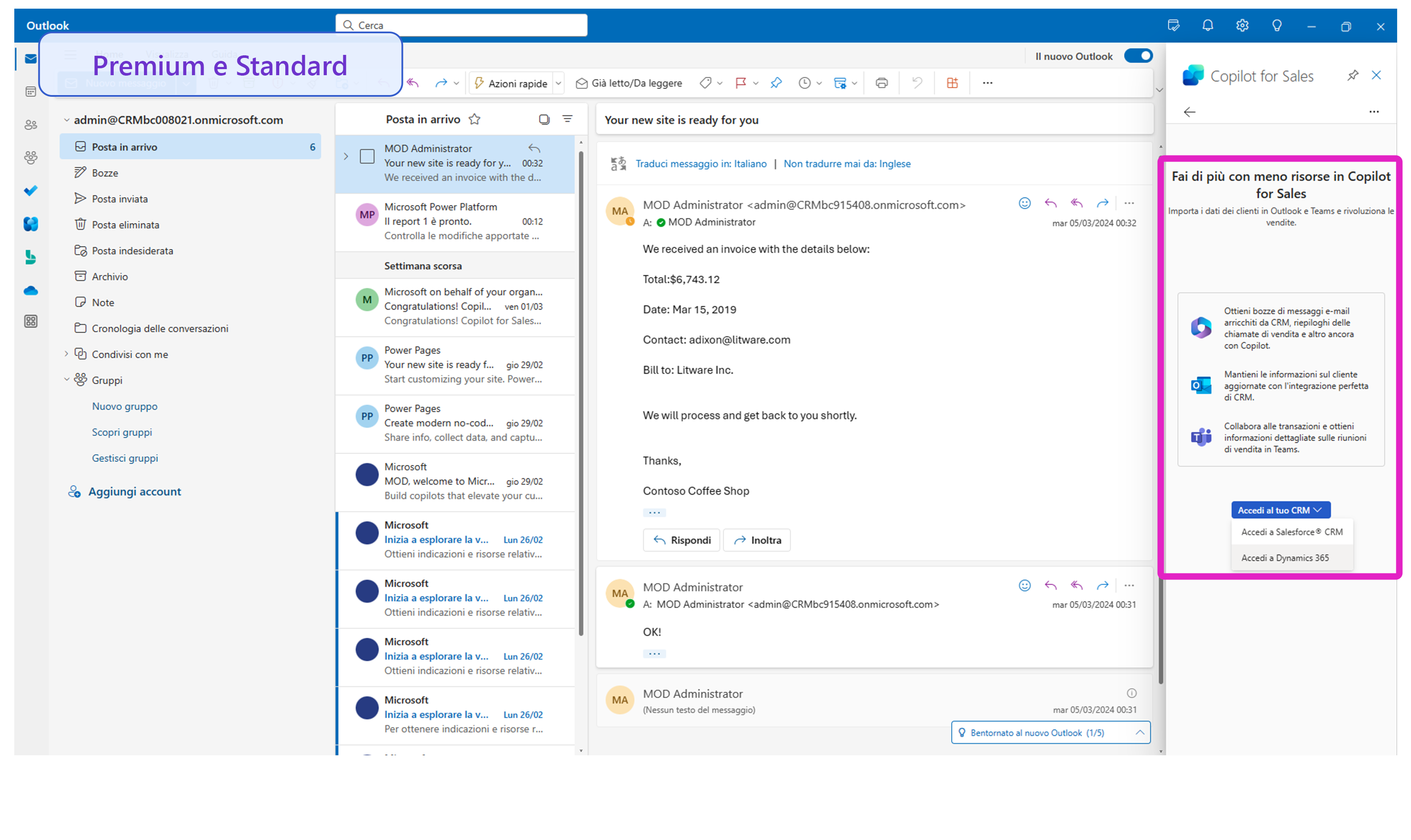 Screenshot che mostra le opzioni di accesso per Microsoft 365 Copilot per le vendite.