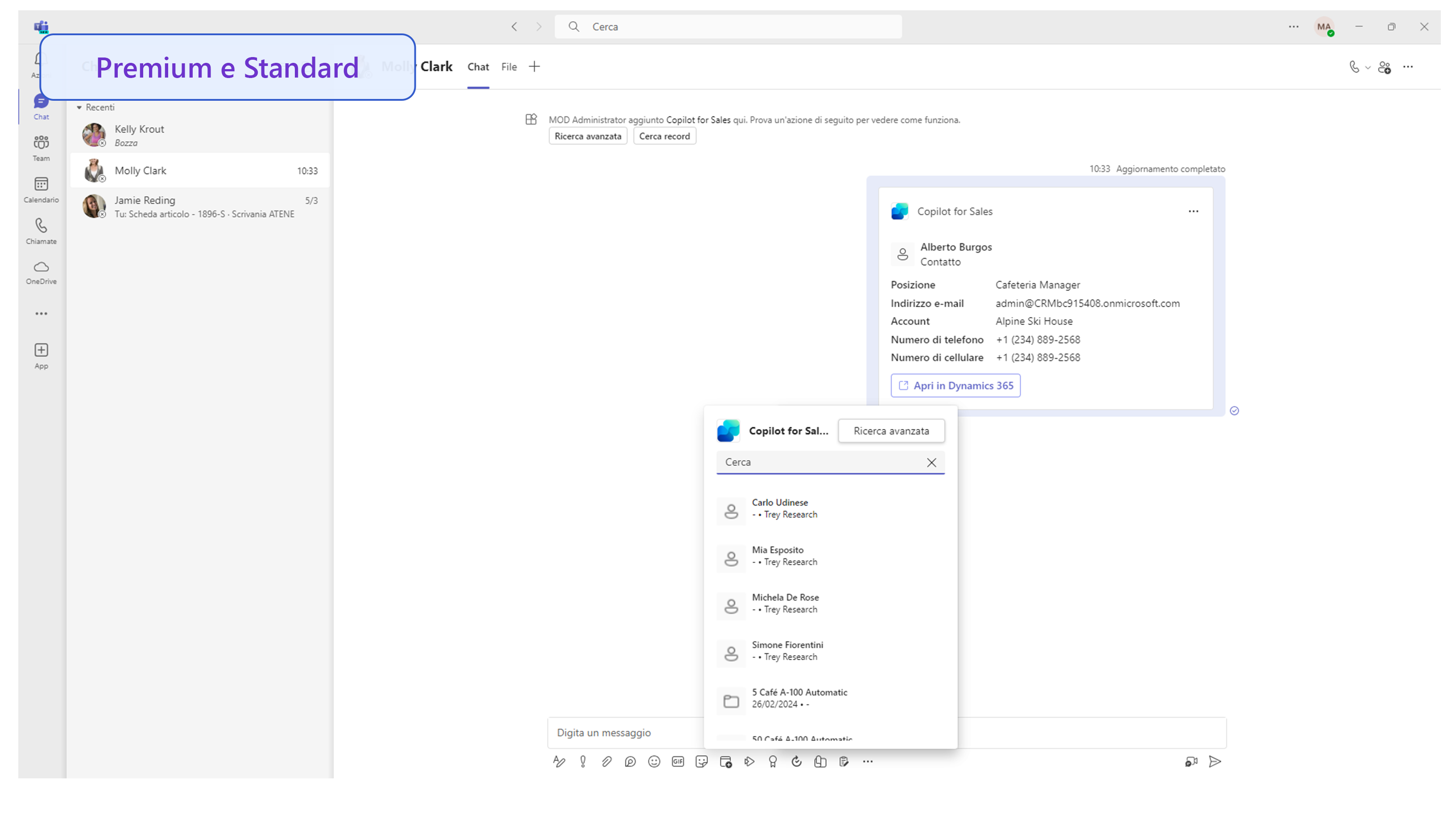 Screenshot che mostra la chat di Teams e le opzioni per includere i record.