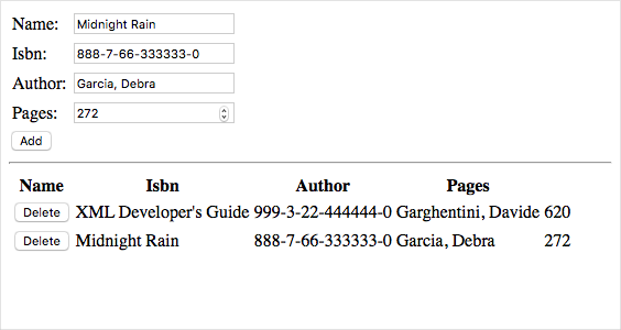 Screenshot della pagina Web del libro con dati di esempio popolati.