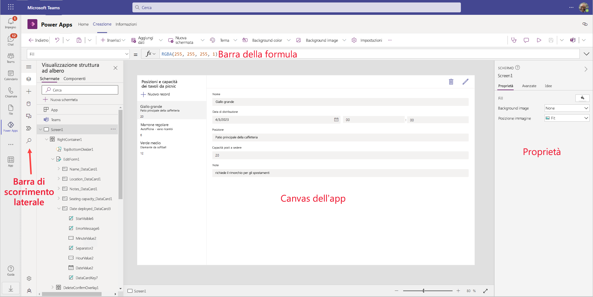 Screenshot di Power Apps Studio per le operazioni di modifica.