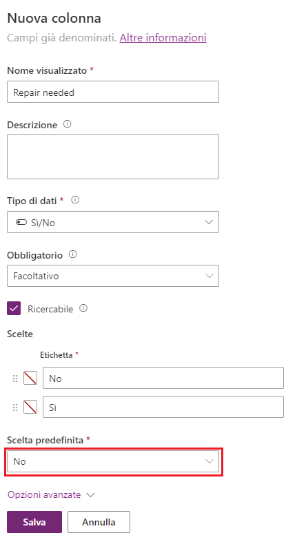 Screenshot dell'aggiunta di una colonna di tipo Sì/No con l'opzione Scelta predefinita impostata su No.