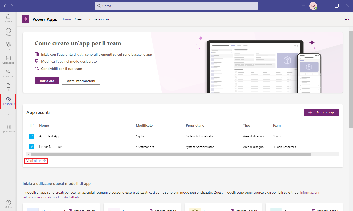 Screenshot che mostra come trovare l'app in Teams.