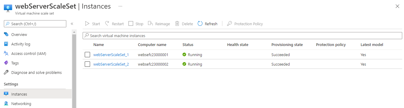 Screenshot del portale di Azure che mostra le istanze per il set di scalabilità di macchine virtuali.