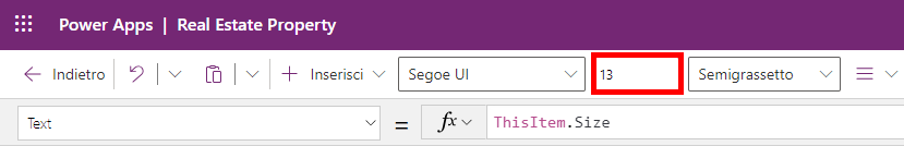 Screenshot del valore size impostato su 13 nella barra degli strumenti.