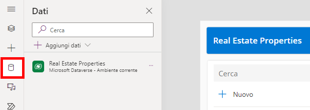 Screenshot dell'icona Dati nella barra di spostamento a sinistra.