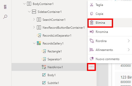 Screenshot che mostra l'azione di eliminazione di NextArrow