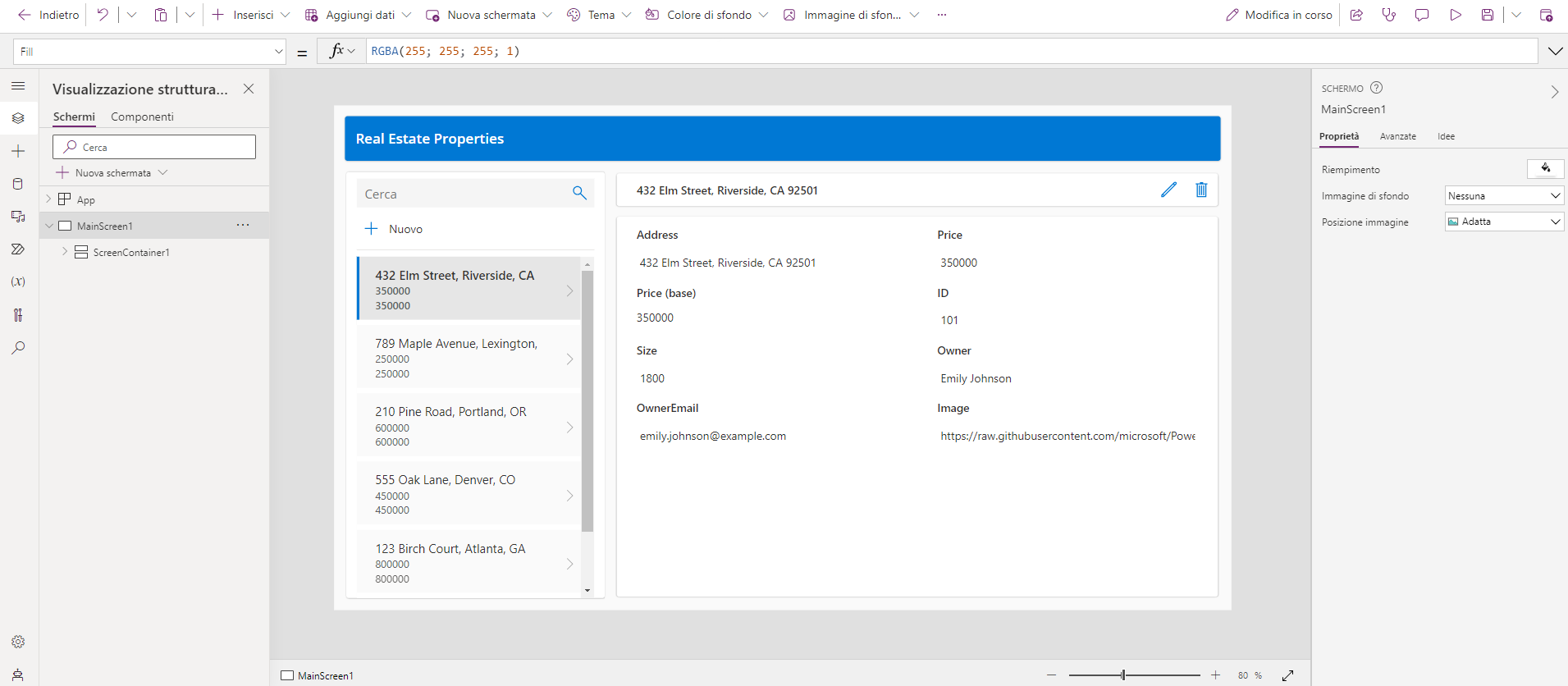 Screenshot dell'app generata in Power Apps Studio.