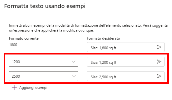 Screenshot delle opzioni Formato corrente corrispondenti alle opzioni Formato desiderato.
