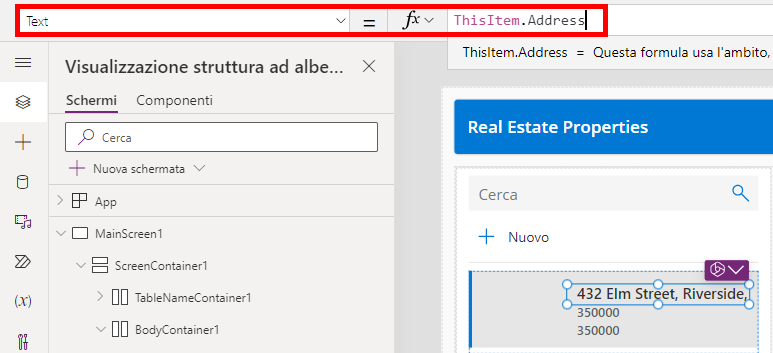Screenshot della proprietà text nella barra della formula.