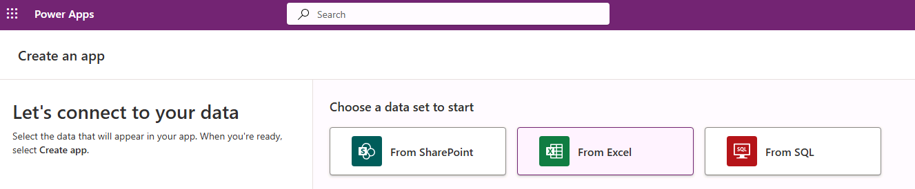 Screenshot dell'opzione per iniziare a creare un'app connettendosi a SharePoint, Excel o SQL.