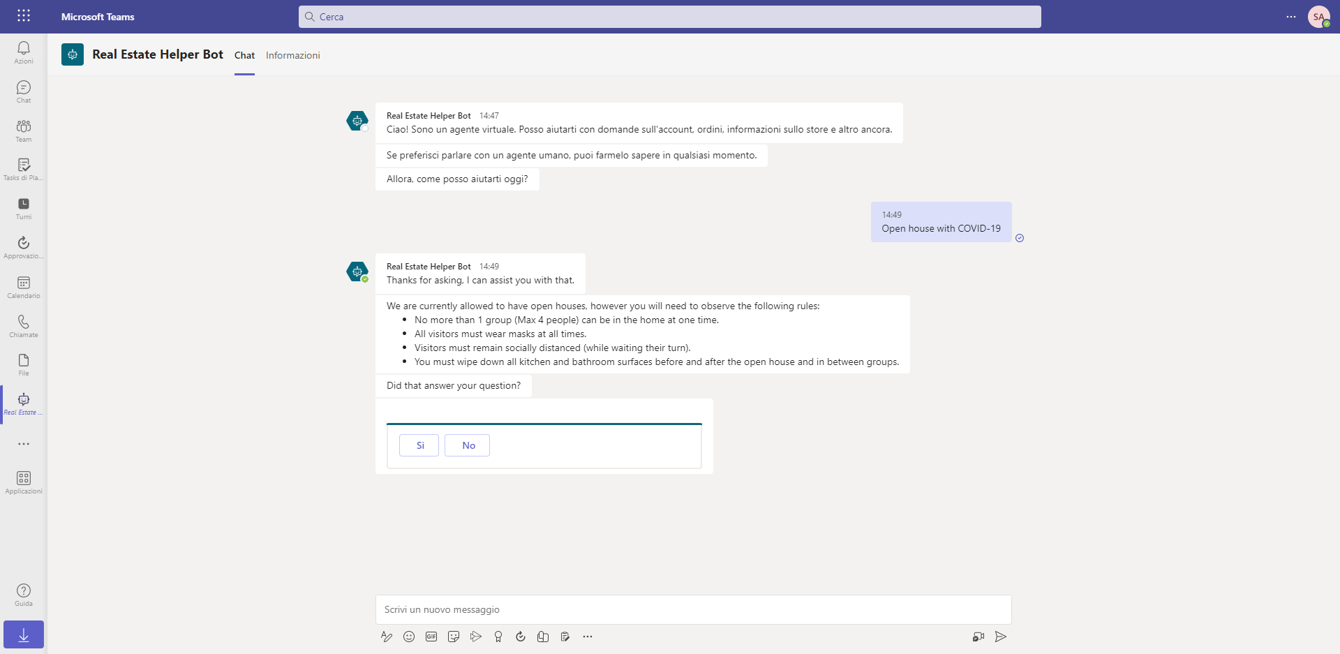 Screenshot che mostra un agente di supporto in ambito immobiliare.