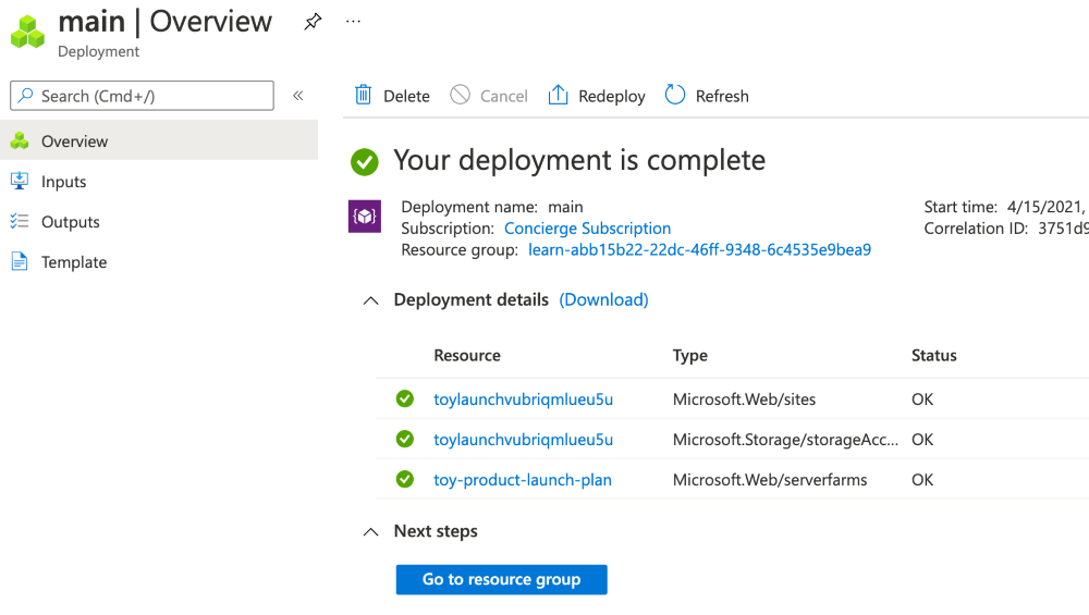 Screenshot of the Azure portal interface for the specific deployment, with storage account and App Service resources listed with generated names.
