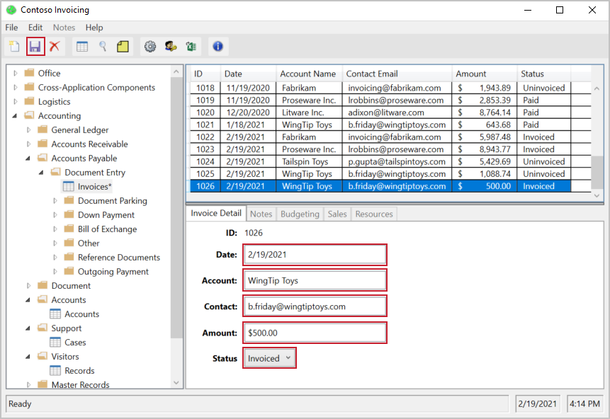 Screenshot di Contoso Invoicing con i dettagli della fattura visualizzati.
