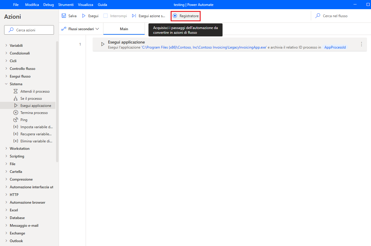 Screenshot della funzionalità di registrazione del desktop sulla barra degli strumenti.