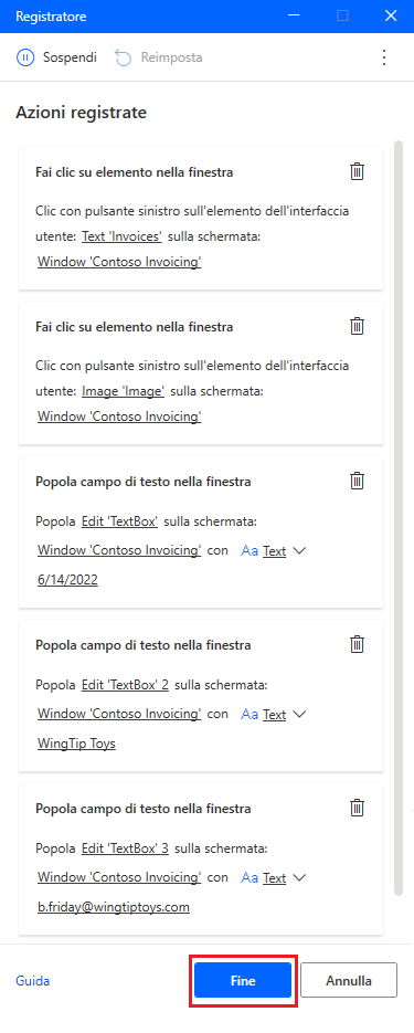 Screenshot dell'elenco Azioni registrate con il pulsante Fine.