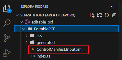 Screenshot che mostra il file XML di input del manifesto del controllo.