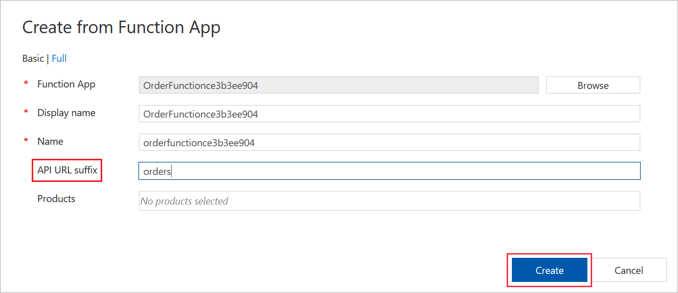 Screenshot of the Create from Function App dialog populated with details of the Orders function.