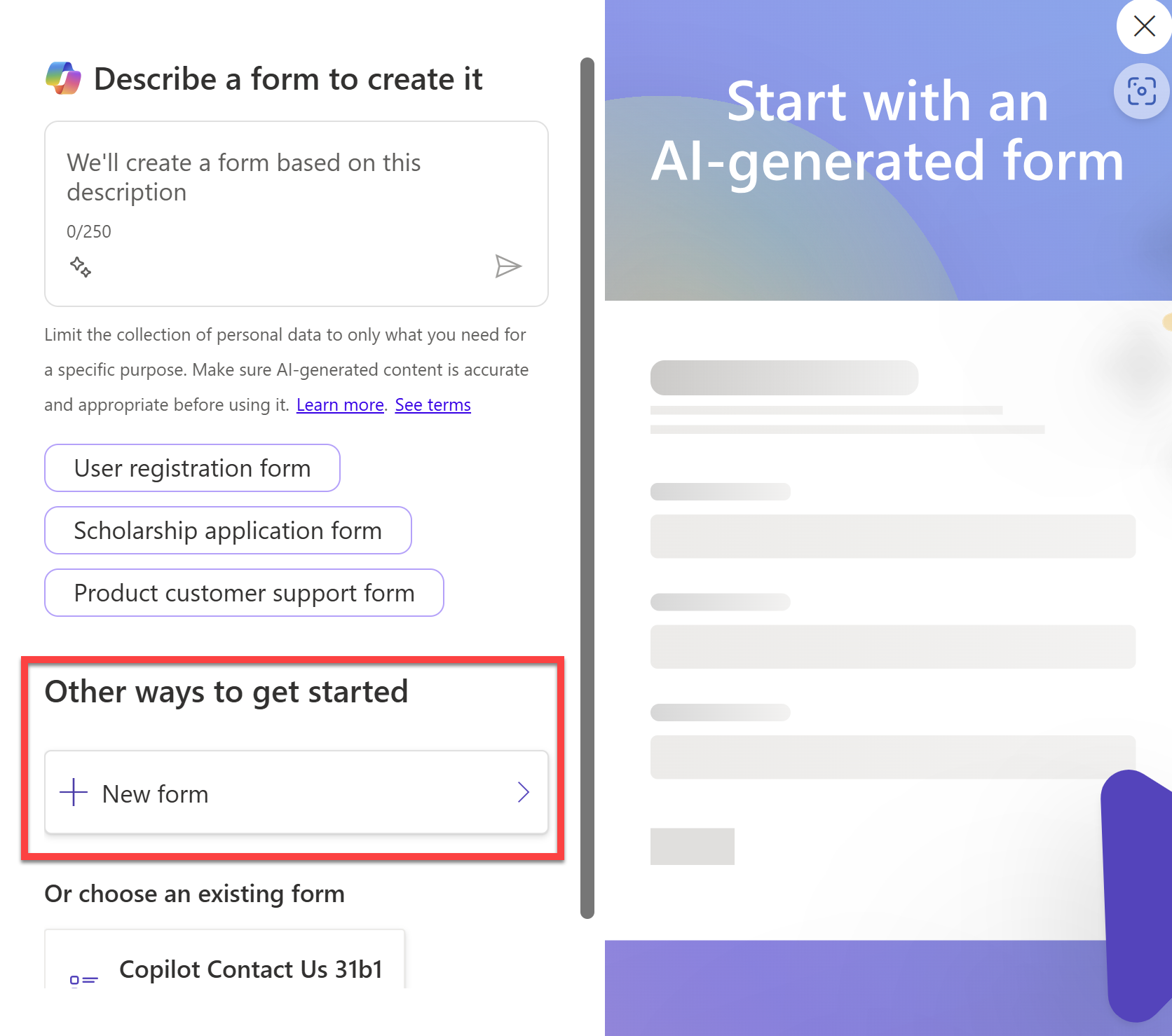 Screenshot che mostra il riquadro Aggiungi modulo con l'opzione Nuovo modulo selezionata.