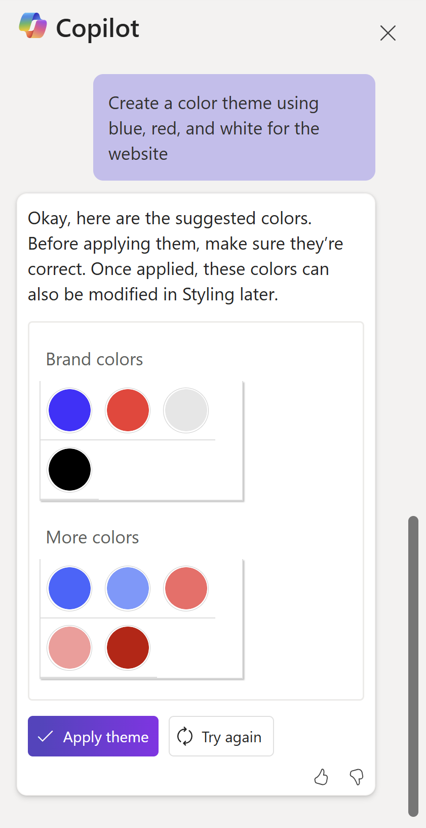 Screenshot che mostra il tema colore generato da Copilot nella finestra di progettazione di Power Pages.