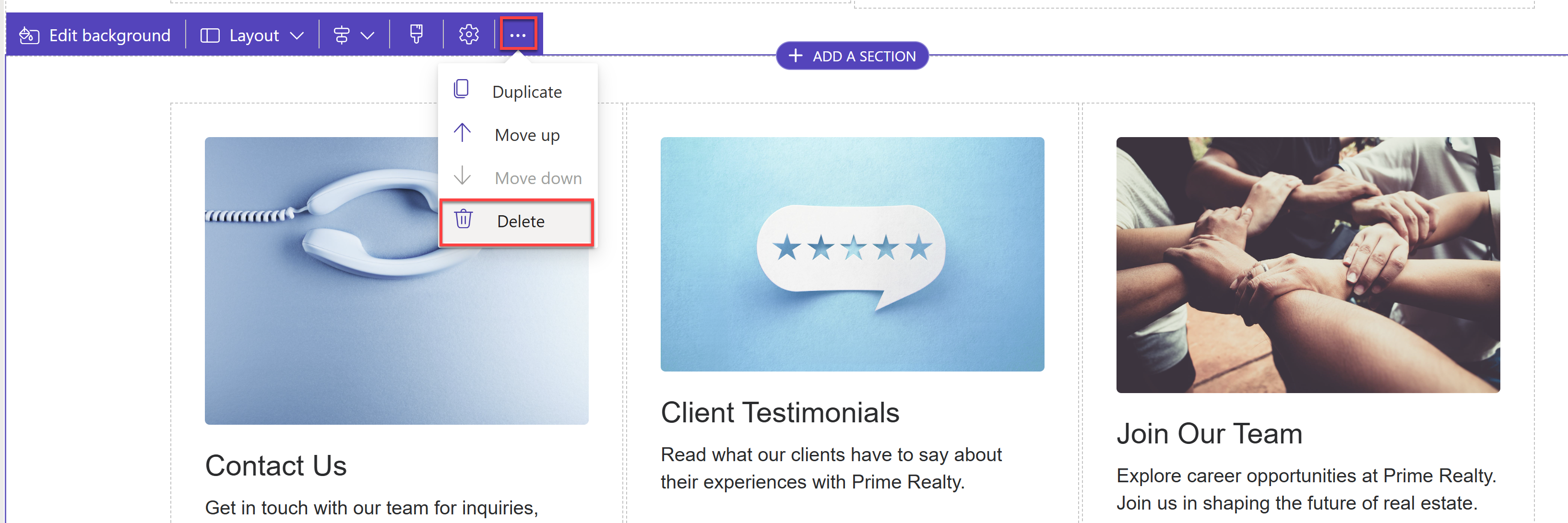 Screenshot che mostra l'opzione di eliminazione nella finestra di progettazione di Power Pages.