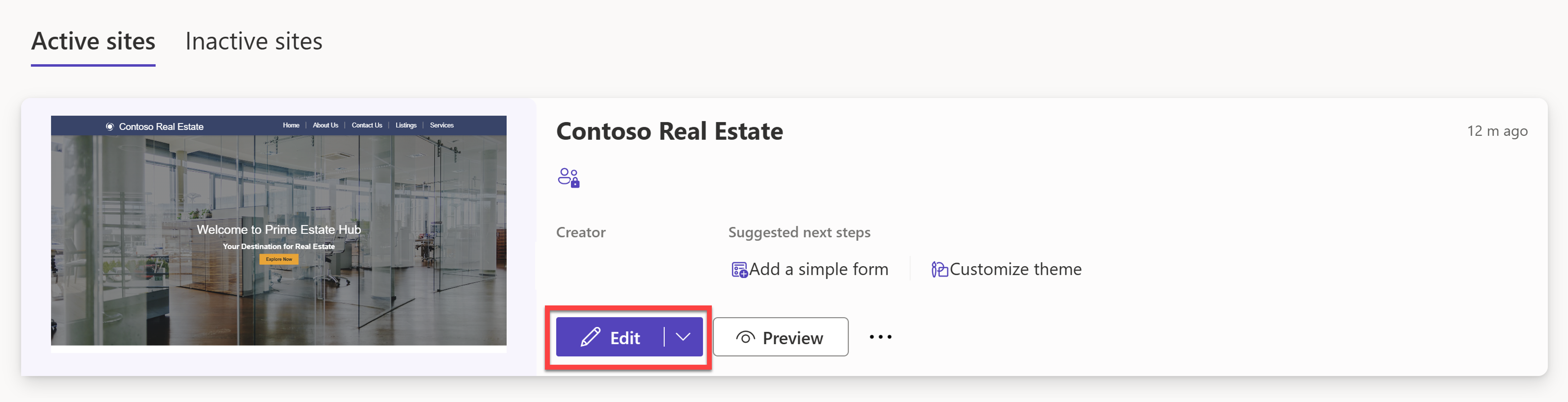 Screenshot che mostra la home page di Power Pages con il sito di Contoso Real Estate.