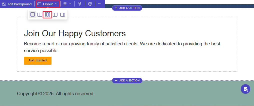 Screenshot che mostra la selezione del layout nella finestra di progettazione di Power Pages.