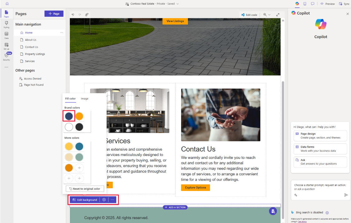 Screenshot che mostra la selezione del colore di sfondo nella finestra di progettazione di Power Pages.