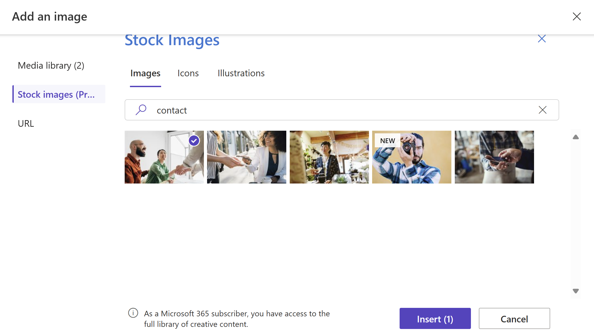 Screenshot che mostra la selezione dell'immagine di archivio nella finestra di progettazione di Power Pages.