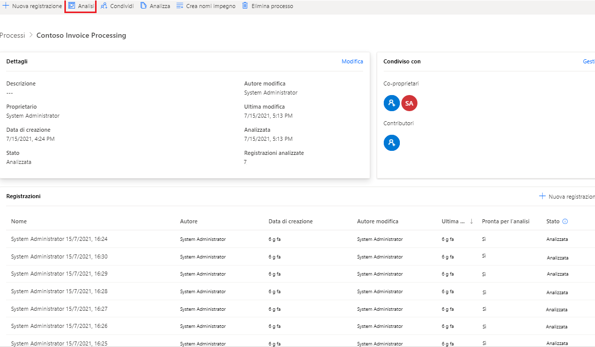 Screenshot del pulsante Analisi usato per accedere ai risultati.