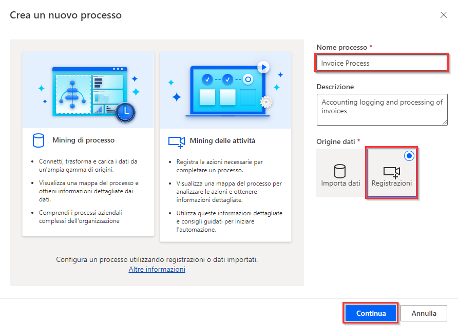 Screenshot del pulsante Crea nell'assistente per processi.
