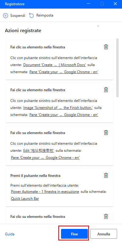 Screenshot dell'elenco di azioni registrate con il pulsante Fine.