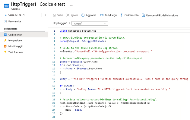 Screenshot del riquadro Codice e test che mostra il codice predefinito per il modello di funzione di trigger HTTP.