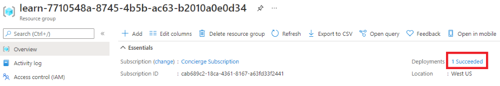 Screenshot of the Azure portal interface for the resource group overview, with the deployments section showing that one succeeded.
