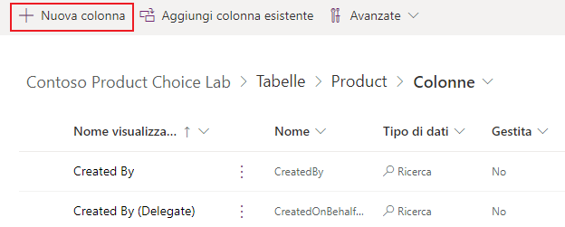 Screenshot della vista Colonne e del pulsante Aggiungi nuova colonna.