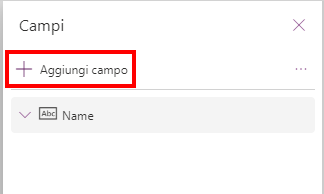 Screenshot del pulsante Aggiungi campo nel riquadro Campi di Power Apps.