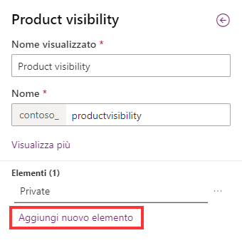 Screenshot dell'opzione Aggiungi nuovo nel riquadro Nuova scelta.