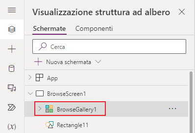 Screenshot del controllo BrowseGallery1 evidenziato nella visualizzazione struttura ad albero.