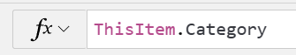 Screenshot della formula Power Fx: ThisItem.Category.