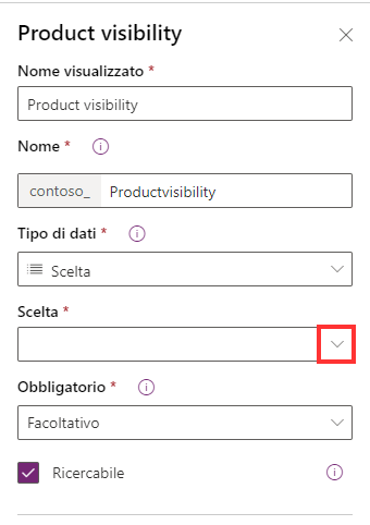 Screenshot del tipo di dati della colonna Choice in Power Apps.