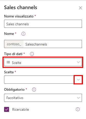Screenshot del tipo di dati della colonna Choices in Power Apps.