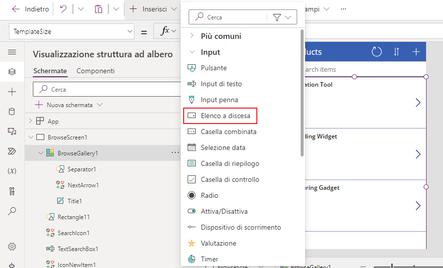 Screenshot che mostra la selezione di Inserisci > Input > A discesa in Power Apps.