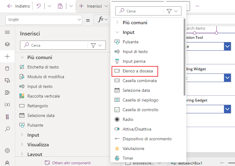 Screenshot del controllo a discesa Insert, con Input selezionato e l'opzione A discesa evidenziata.