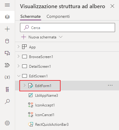 Screenshot del controllo EditForm1 evidenziato nella scheda Visualizzazione struttura ad albero in Power Apps.
