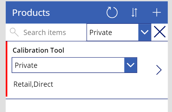 Screenshot dei prodotti filtrati come Privato in Power Apps.